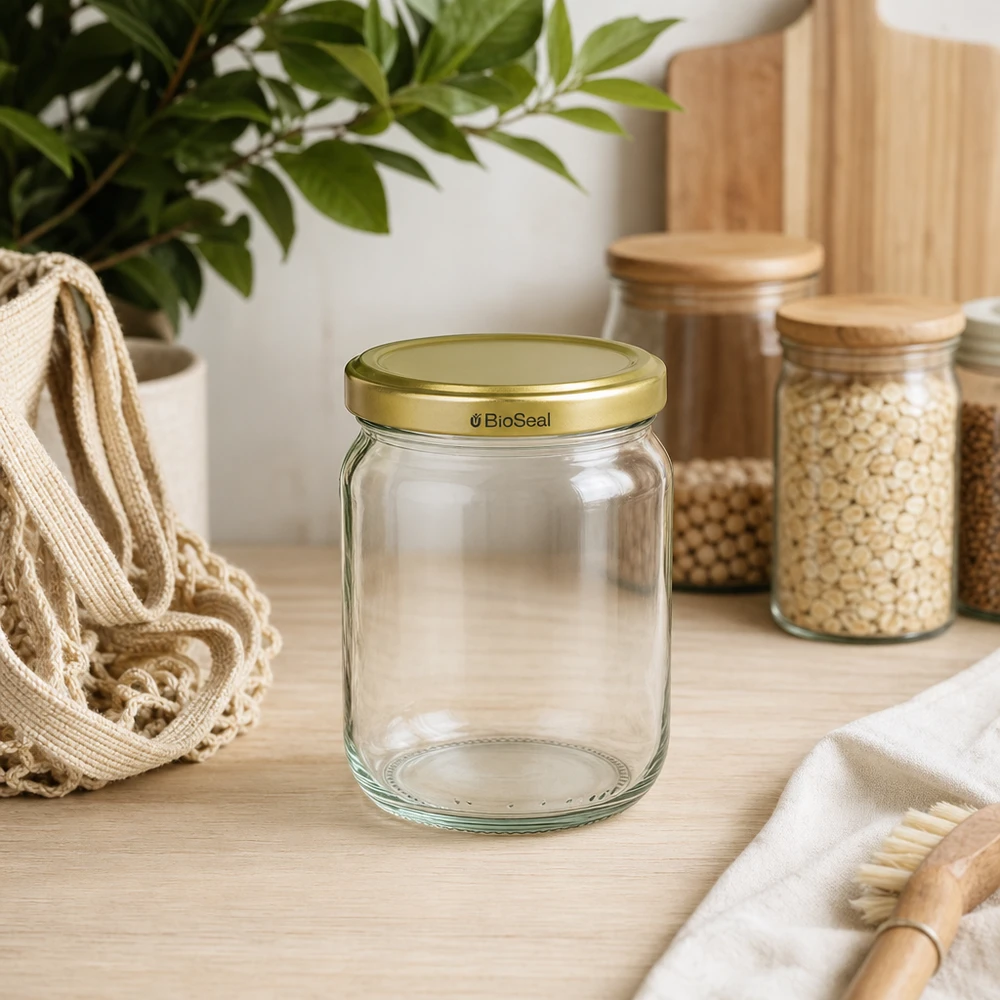 500g BioSeal pot de miel vide dans une cuisine durable avec des bocaux de stockage et des matériaux naturels sur un plan de travail en bois