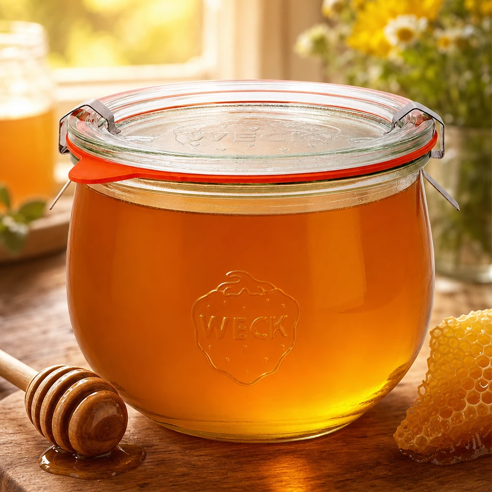 WECK Pot tulipe 580ml RR100 rempli de miel doré à côté de la cuillère à miel et du nid d'abeille comme réserve naturelle de sucre