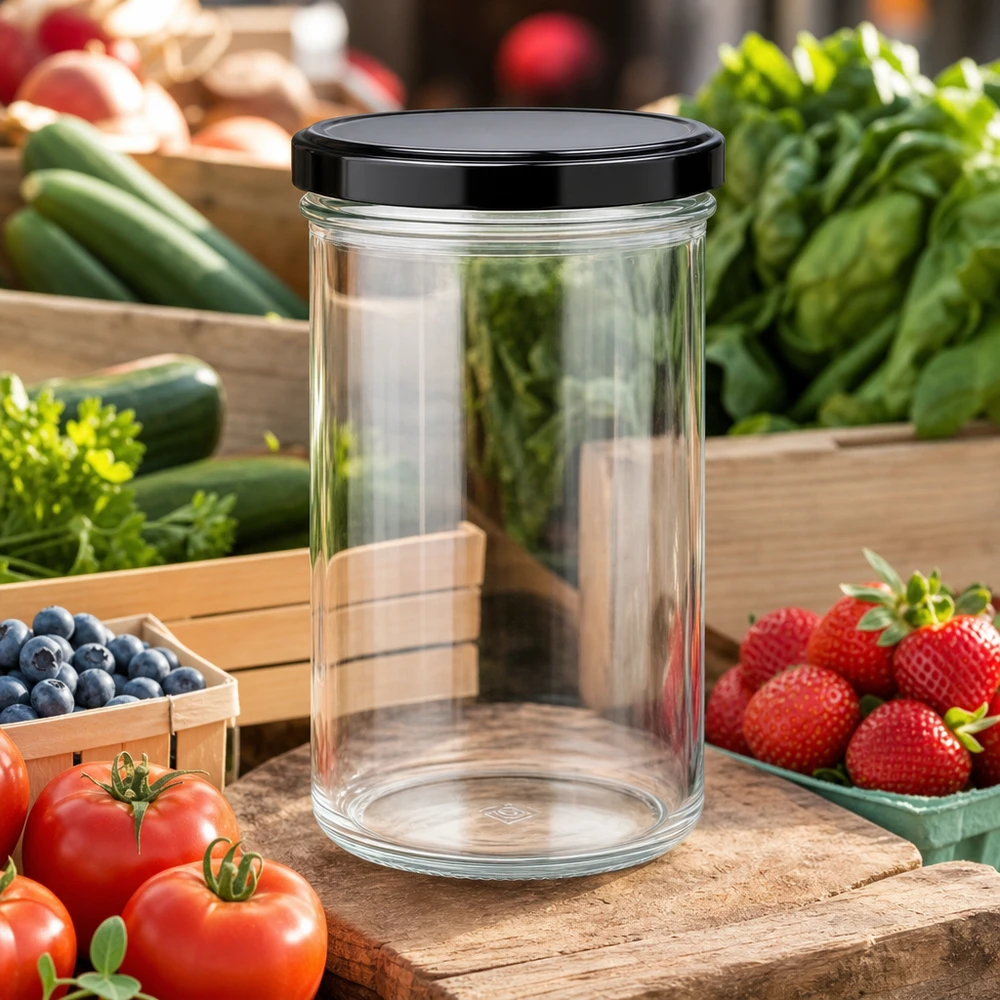 277ml bocal vide transparent avec couvercle noir entouré de fruits et légumes frais Conservation