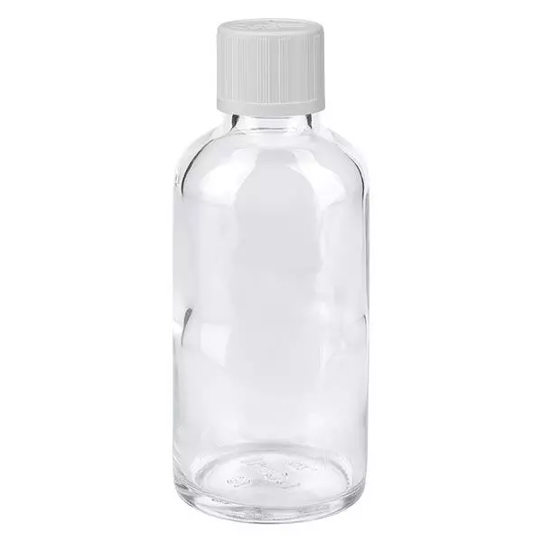 Flacon à pharmacie transparent 50ml bouchon vissable blanc sécurité enfant std Flacon à pharmacie transparent 50ml bouchon vissable blanc sécurité enfant std