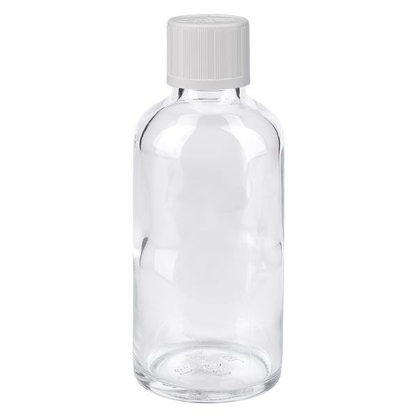 Flacon à pharmacie transparent 50ml bouchon vissable blanc sécurité enfant std