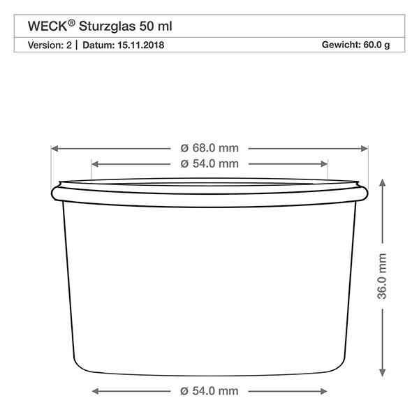 Set de 48 bocaux Weck 50ml avec 48 couvercles en verre WECK Pot renversé 50ml RR60 dessin technique avec dimensions - diamètre 68mm, hauteur 36mm pour bocaux à conserves