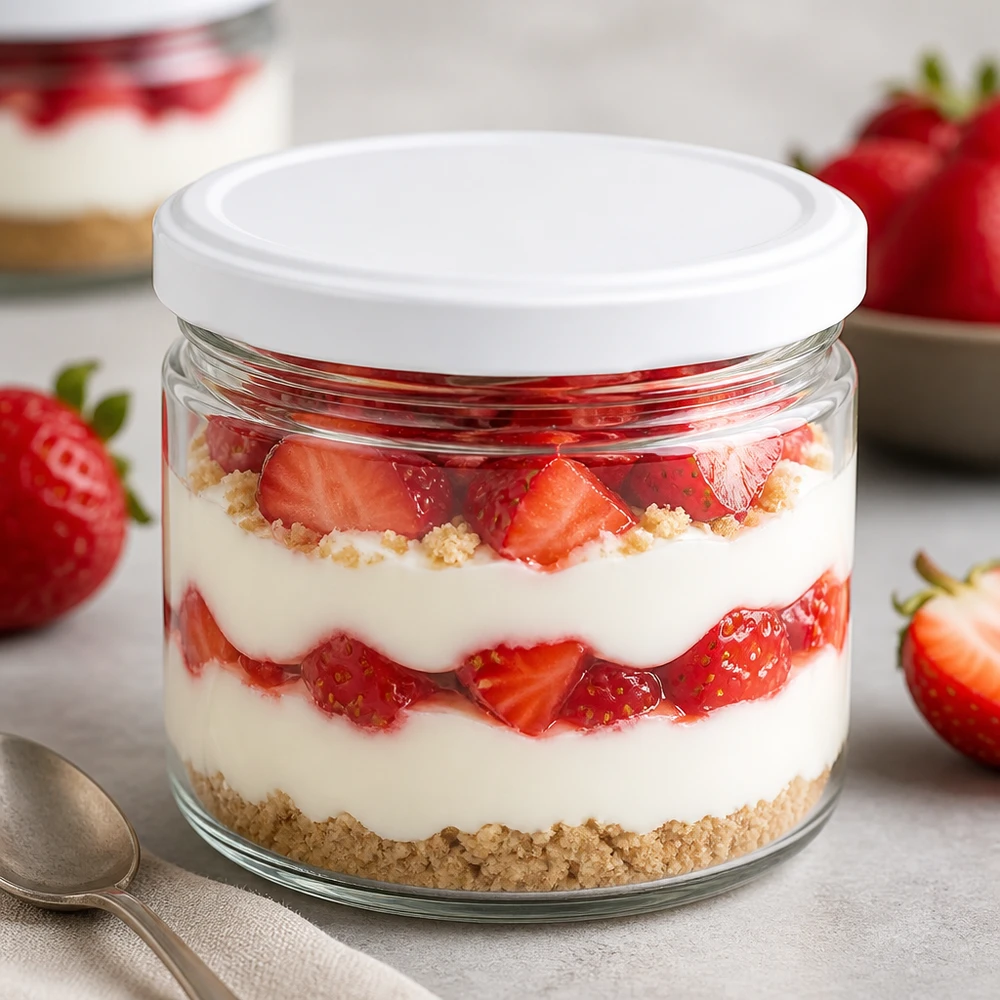 540ml Verre rond avec couvercle BasicSeal blanc UNiTWIST Verre rond BasicSeal blanc de 540ml comme verre à dessert avec tiramisu à la fraise - verre à portions élégant pour les desserts
