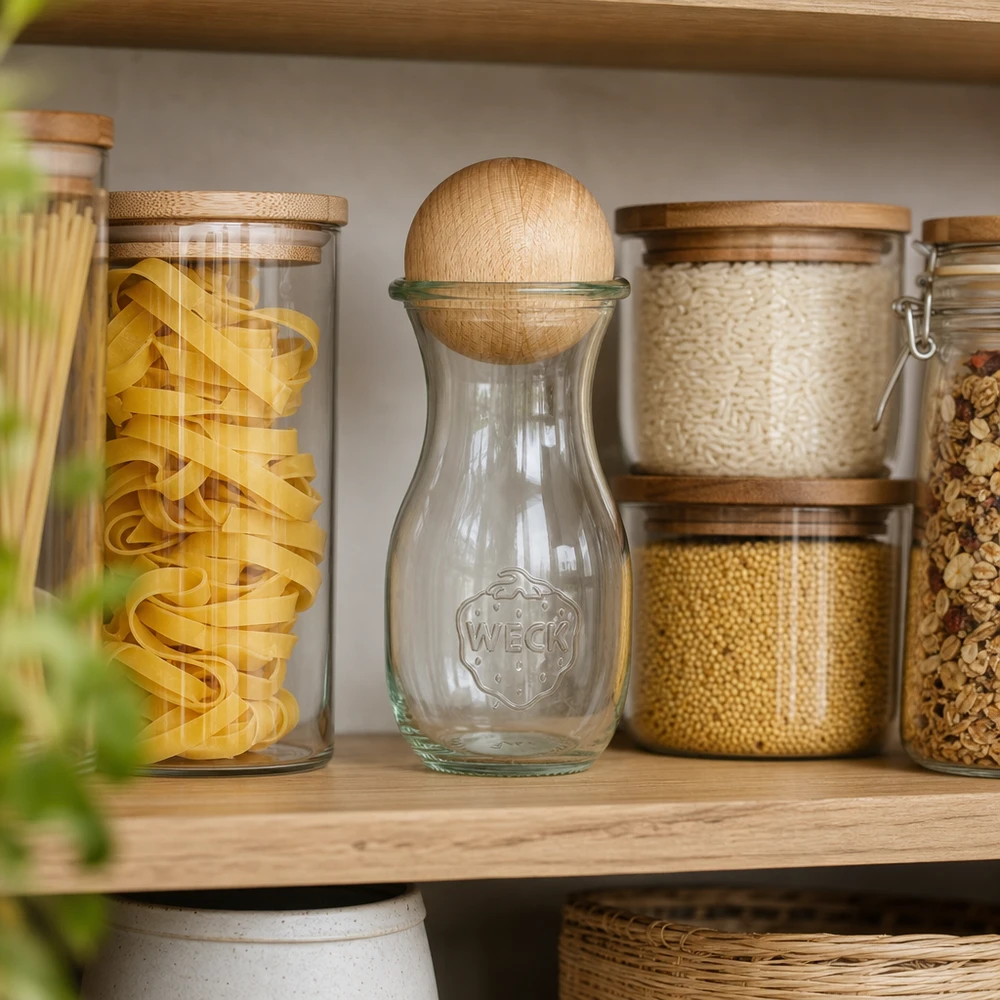 290ml Bouteille à jus de fruits WECK RR60 avec boule en bois en hêtre WECK Bouteille en verre 290ml RR60 avec boule en hêtre dans un garde-manger organisé entre les pots de pâtes et les récipients de stockage