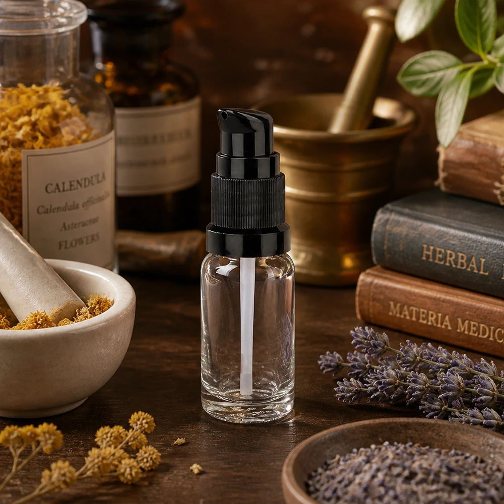 Flacon pompe transparent de 10 ml avec une pompe noire, entouré d'herbes et de plantes médicinales