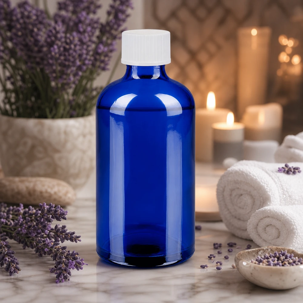 Flacon 100ml 11mm SV blanc STD BlueLine UT18/100 Flacon en verre premium 100ml bleu profond avec bouchon blanc pour la fabrication professionnelle de cosmétiques