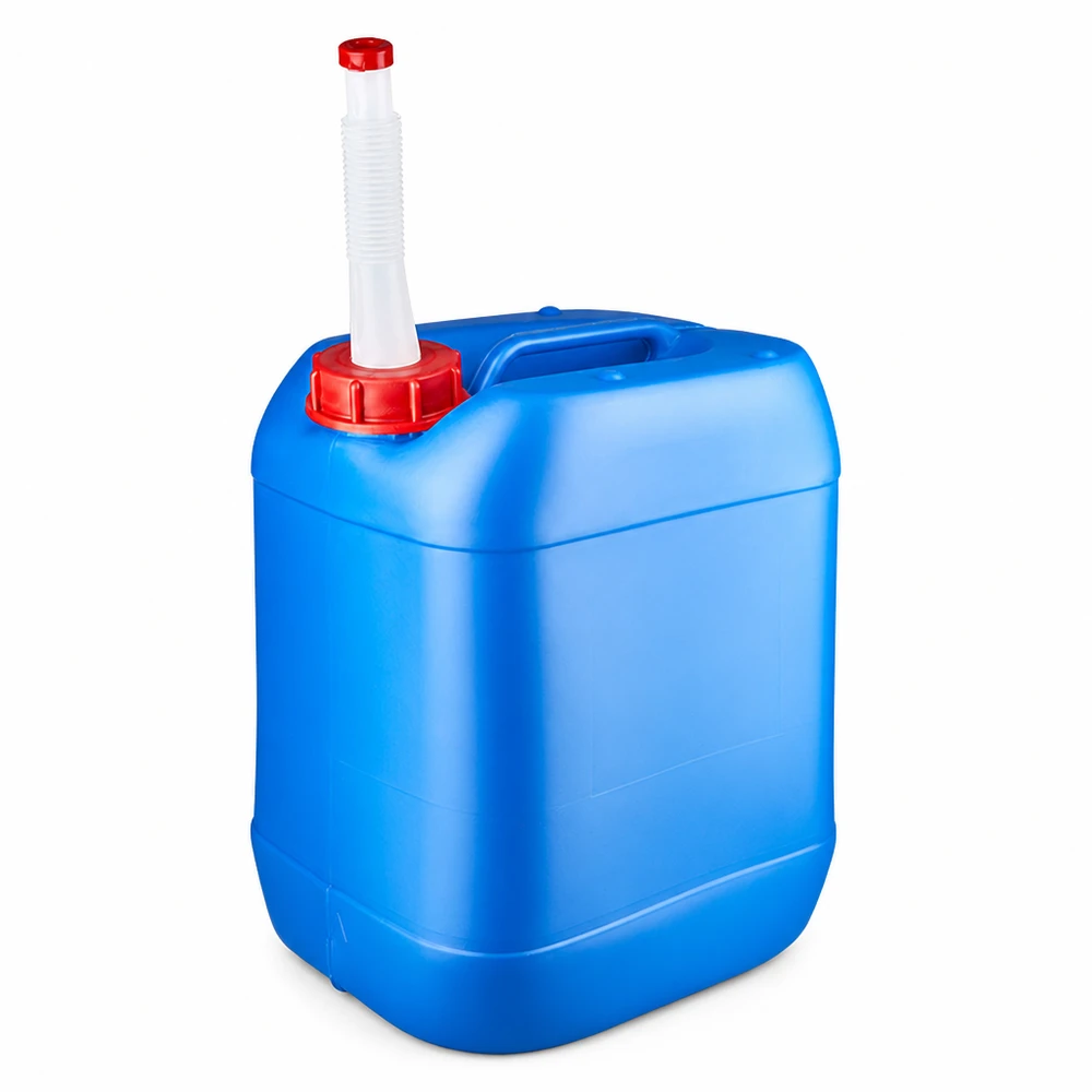 Bidon bleu de 20 litres en plastique HDPE, avec bec verseur flexible et poignée de transport