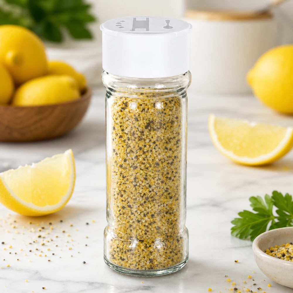 Pot à sel/épices 100 ml avec double saupoudreuse, blanc Pot à épices de 100 ml muni d'un double saupoudreur blanc, rempli de poivre au citron, à côté de citrons frais