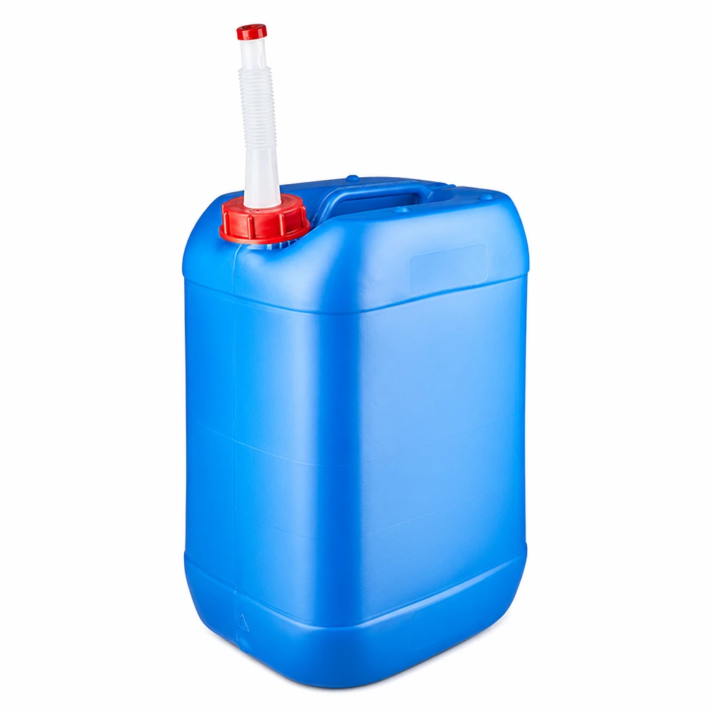 Bidon rectangulaire bleu de 25 L en plastique HDPE, muni d'un bec verseur pratique et d'une poignée de transport
