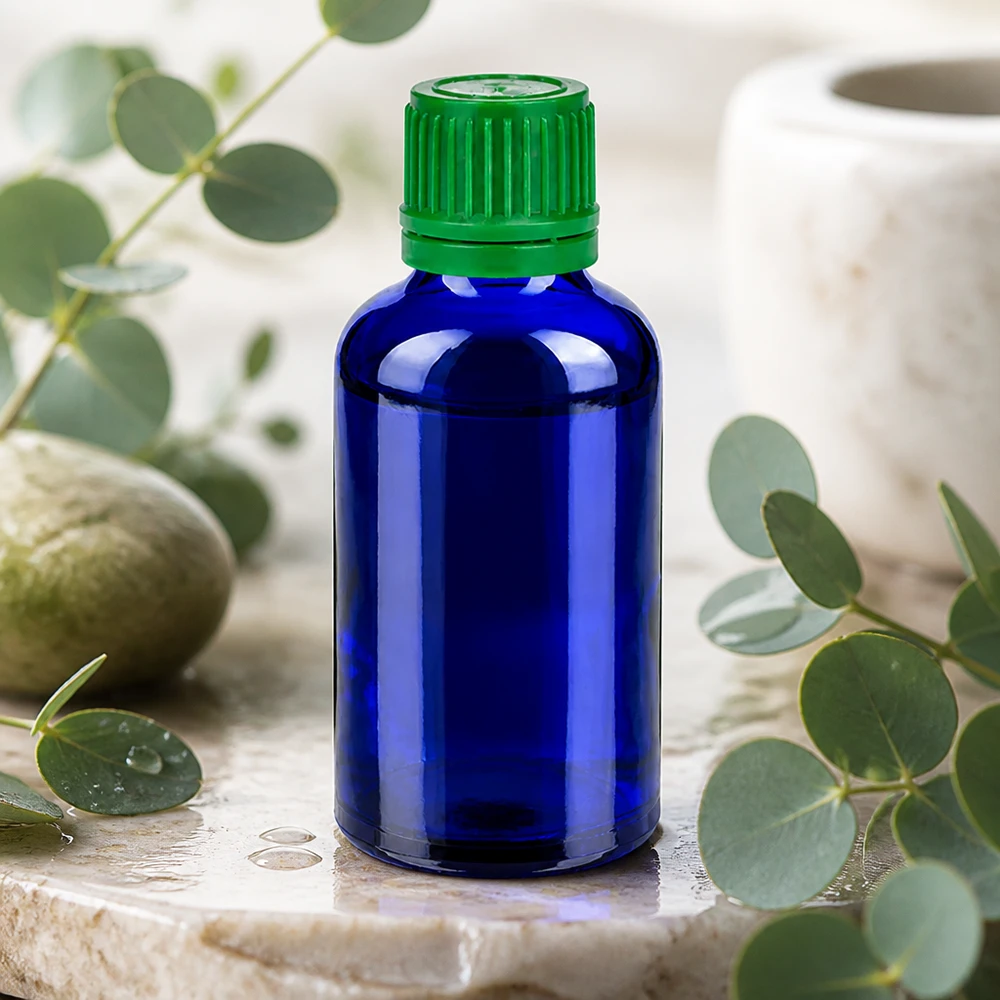 Flacon 50ml 11mm SV vert OV BlueLine UT18/50 Flacon de pharmacie professionnel de 50 ml bleu cobalt avec bouchon vert à l'épreuve des enfants