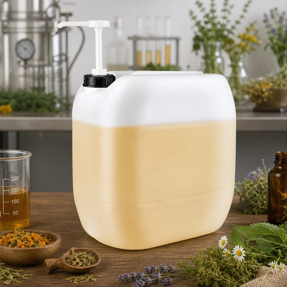 Jerrican de 30 litres avec pompe doseuse Récipient en plastique de 30 litres muni d'un distributeur à pompe, entouré d'herbes, de fleurs et d'une bouteille couleur ambre