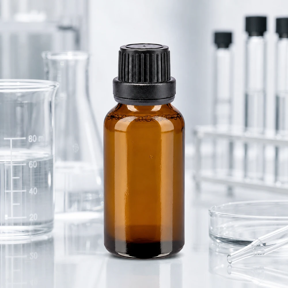 Flacon en verre brun de 20ml fermé par un bouchon vissable noir. Flacon en verre ambré de 20 ml avec bouchon à vis noir, conditionnement d'origine, pour substances sensibles