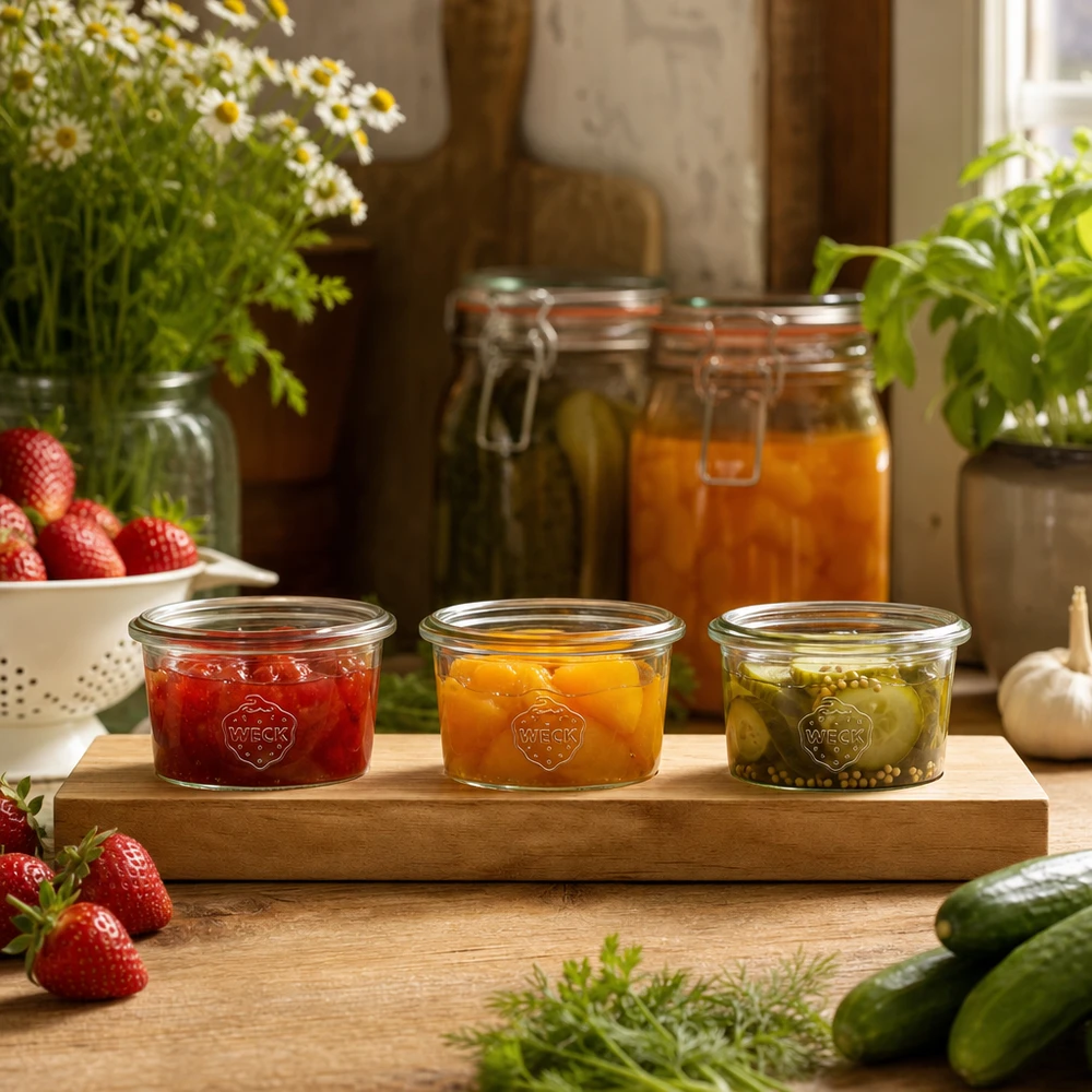 Plateau de service Plano3 avec 3 bocaux Weck de 80 ml Weck pots renversés 80ml avec confitures et cornichons colorés sur planche à servir en bois dans une cuisine rustique