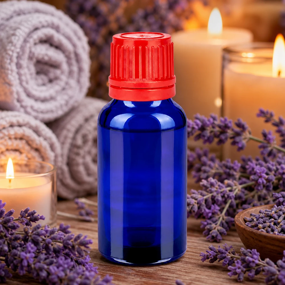 Flacon 20ml 11mm SV rouge OV BlueLine UT18/20 Flacon en verre bleu de 20ml avec bouchon rouge pour l'aromathérapie et le bien-être