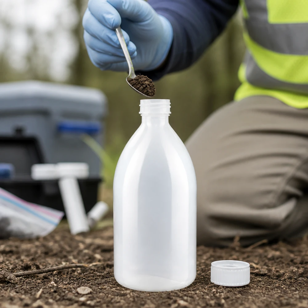 Flacon 1000 ml à col étroit, avec bouchon Weiße 1000ml HDPE Schraubflasche Enghals für sichere Aufbewahrung von Bodenproben im Feld