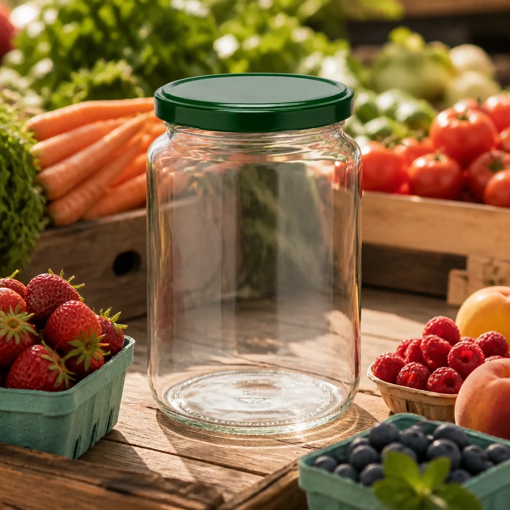 Bocal rond vide de 795 ml UNiTWIST avec couvercle vert entouré de baies fraîches, de fruits et de légumes sur fond en bois