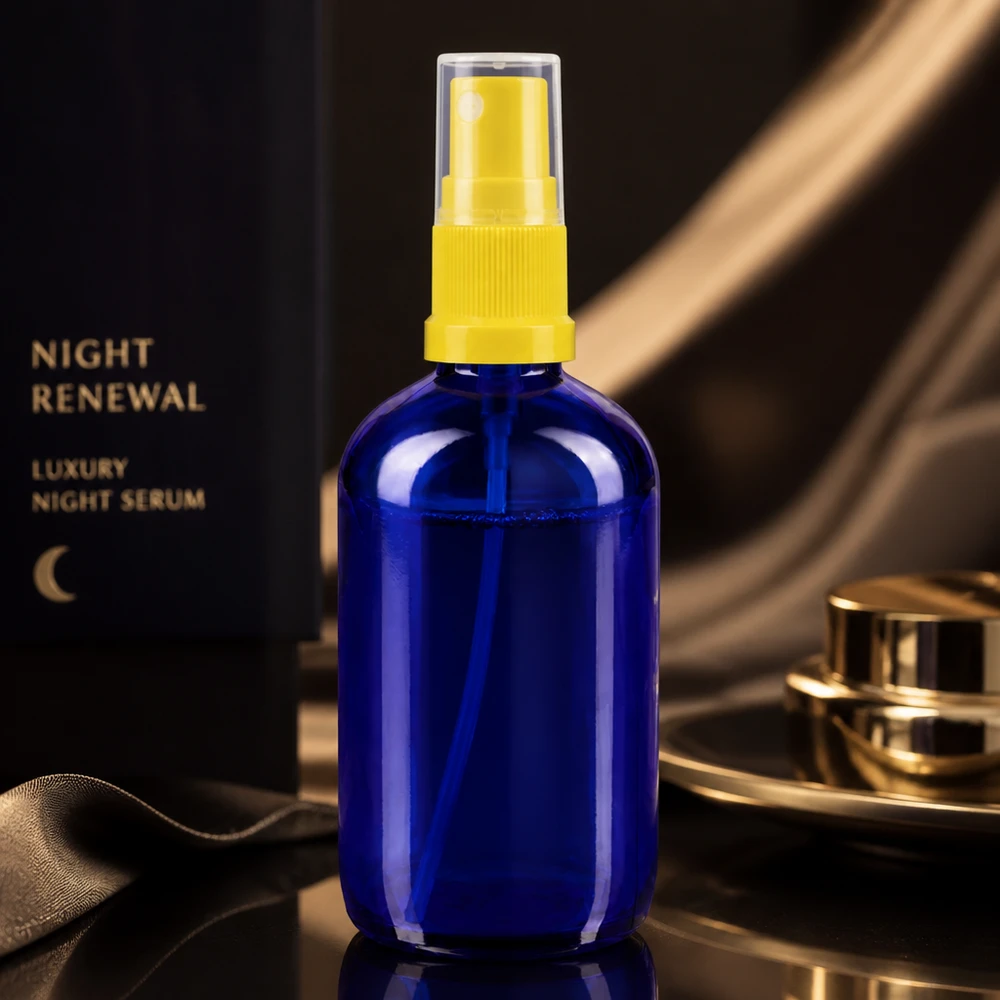 Flacon en verre bleu cobalt de 100 ml STD avec bouchon de protection transparent et vaporisateur jaune