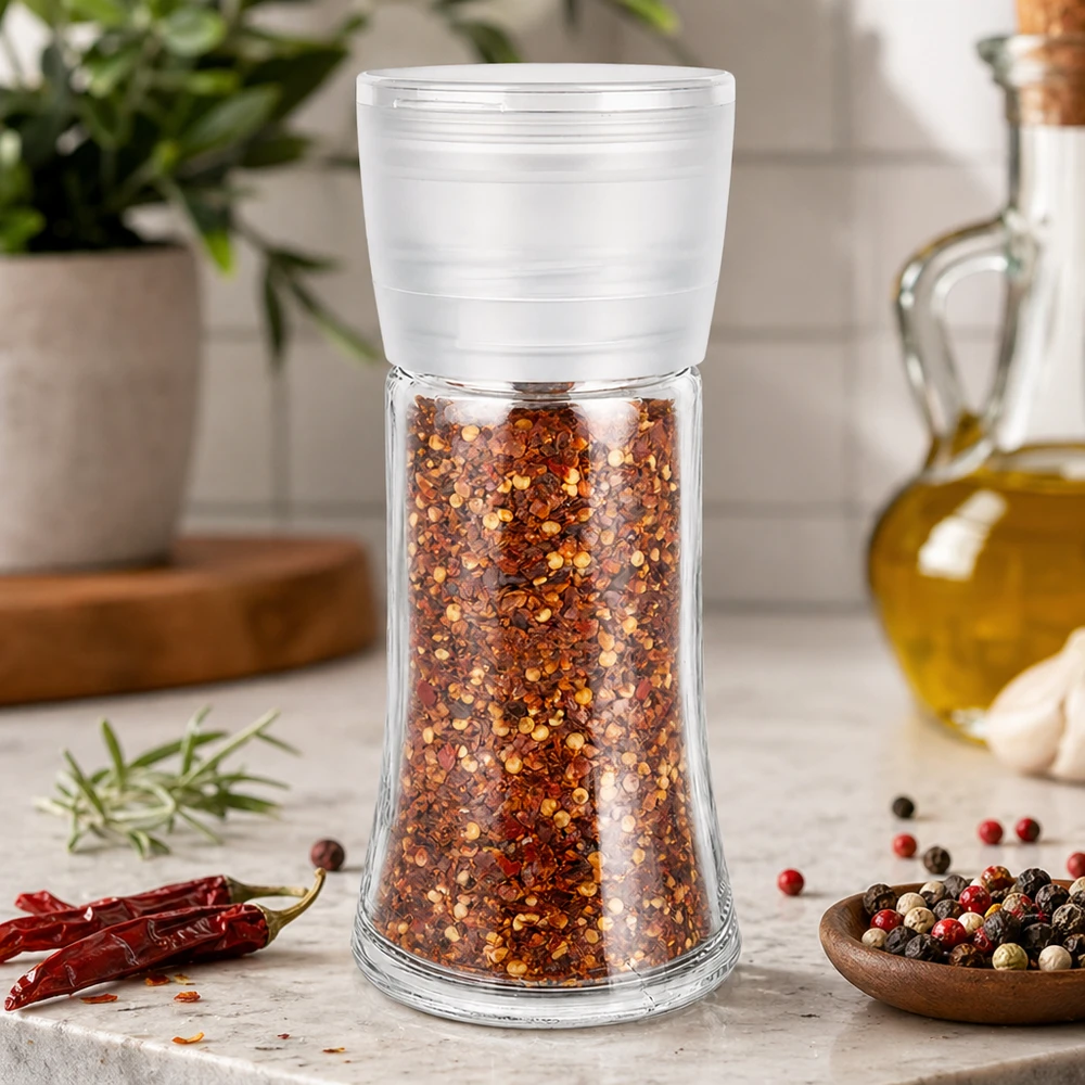 Pot à sel/épices 95 ml avec moulin Vario blanc Pot à épices de 95 ml muni d'un moulin blanc, rempli de flocons de piment rouge, posé sur un socle en marbre