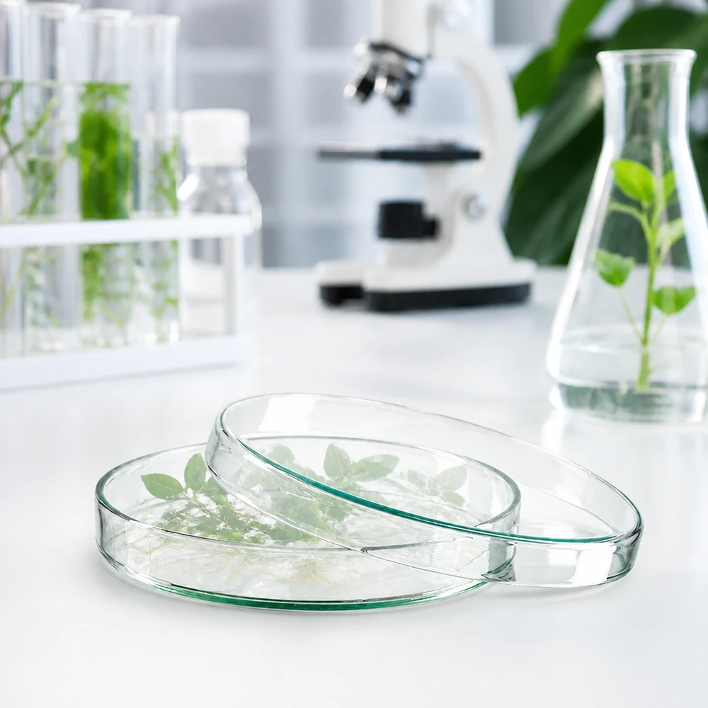 Boîte de Pétri en verre borosilicaté de 120 mm de diamètre et 20 mm de hauteur contenant des échantillons botaniques dans un laboratoire de recherche