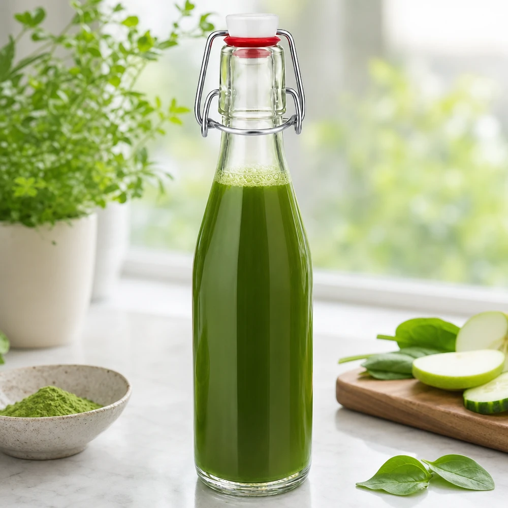 Bouteille en verre de 250 ml + bouchon mécanique en porcelaine UN.. 250ml Glasflasche mit Bügelverschluss gefüllt mit grünem Smoothie, dekoriert mit frischen Kräutern und Gemüse