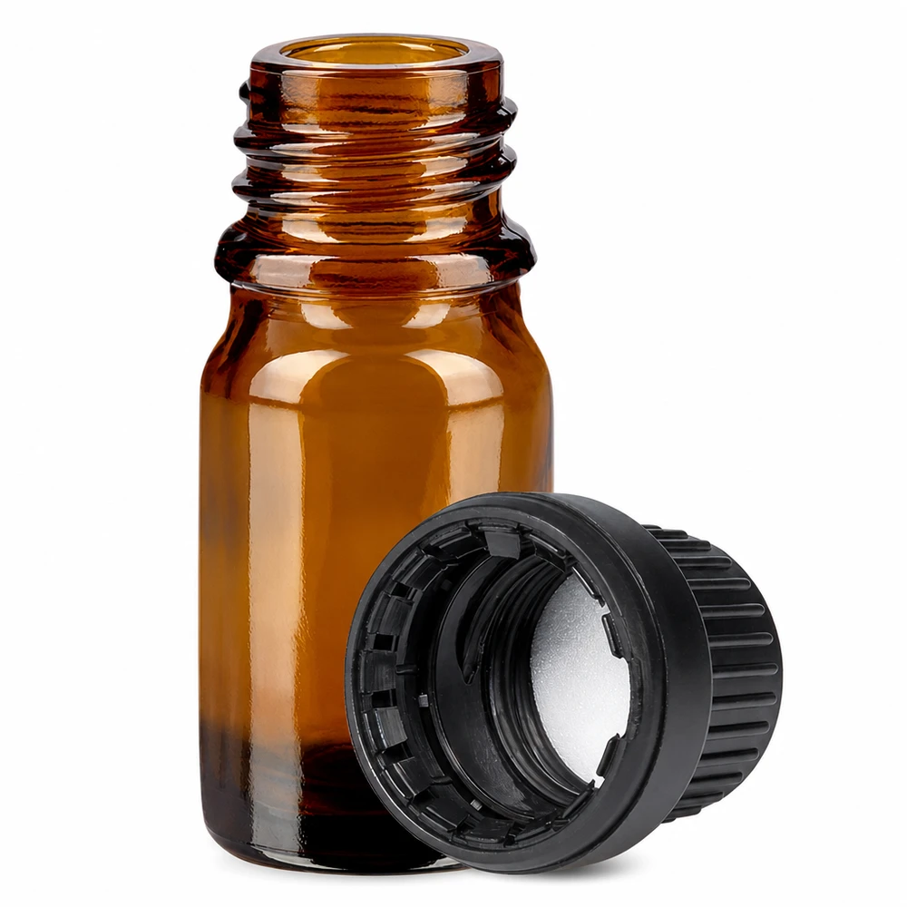 Flacon 5ml 11mm SV noir OV BrownLine UT18/5 Petite bouteille de pharmacie de 5ml en verre brun avec fermeture de sécurité pour les enfants pour les médicaments