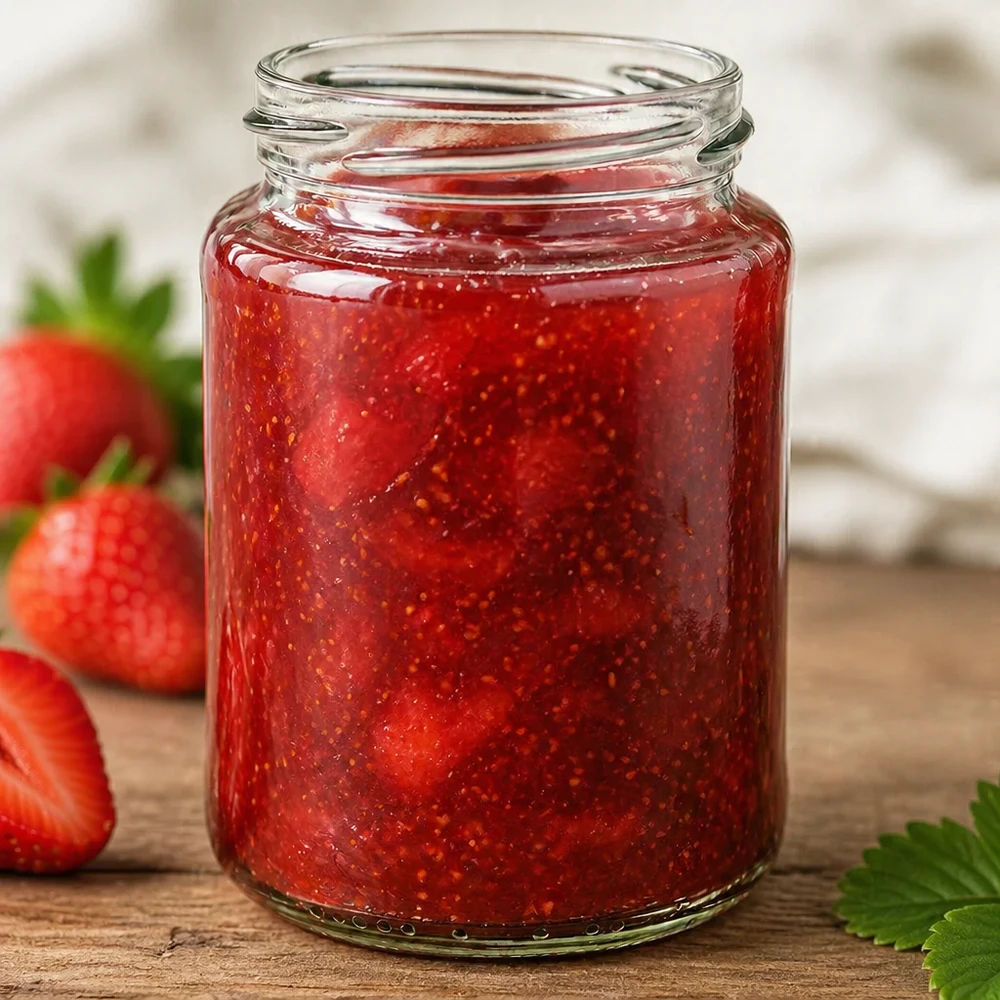 Pot rond 382ml TO66 rempli de confiture de fraises rouges à côté de fraises fraîches sur une table en bois
