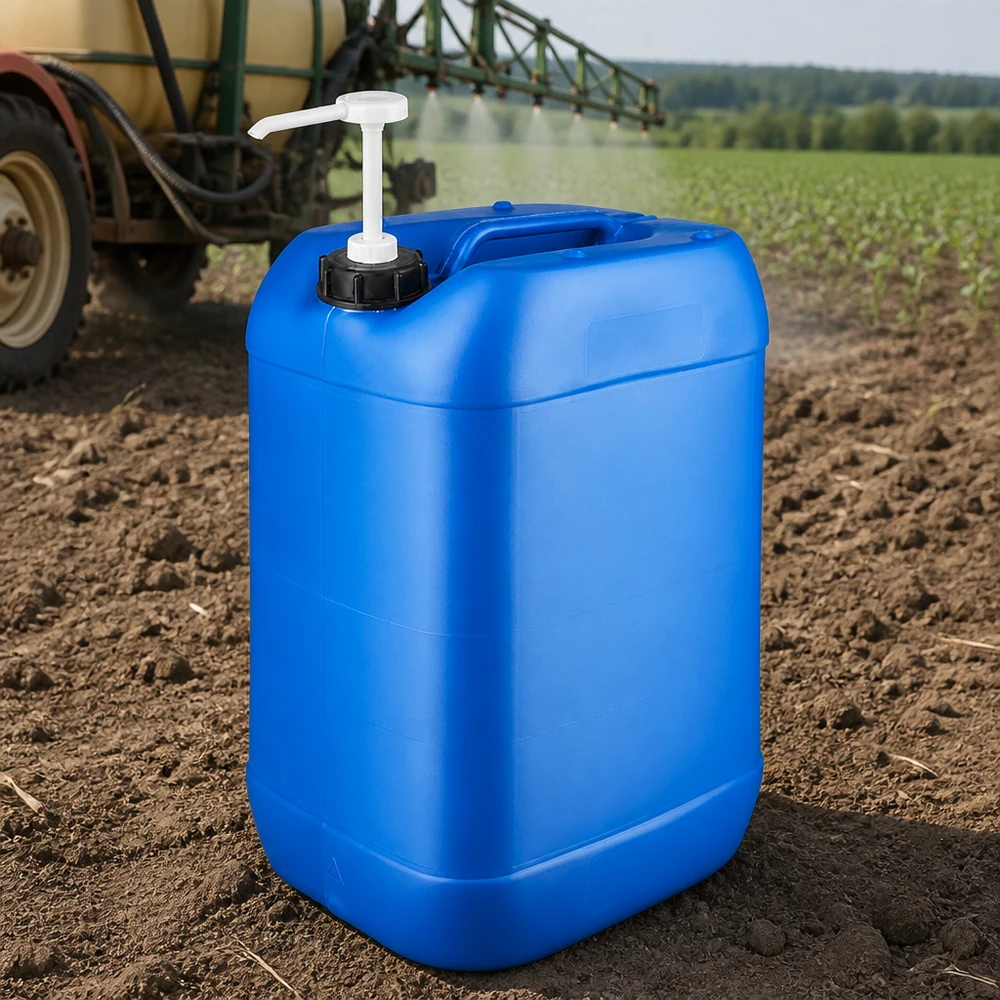 Bidon robuste en plastique bleu de 25 litres avec pompe blanche, destiné à une utilisation agricole en extérieur