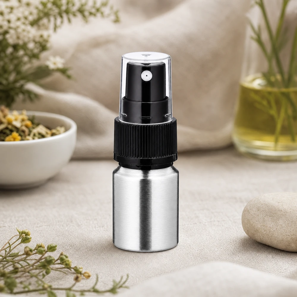 Bouteille en aluminium poncé 10 ml, avec vaporisateur à pompe noir Flacon en aluminium précis de 10 ml avec atomiseur fin - dosage régulier pour les sprays visage