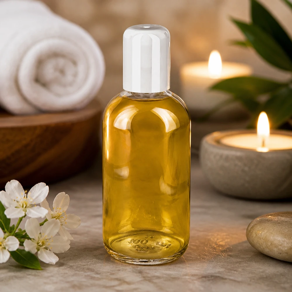 Flacon en verre ClearLine de 100 ml contenant de l'huile de massage dorée, avec un bouchon blanc et des bougies, dans un décor de spa