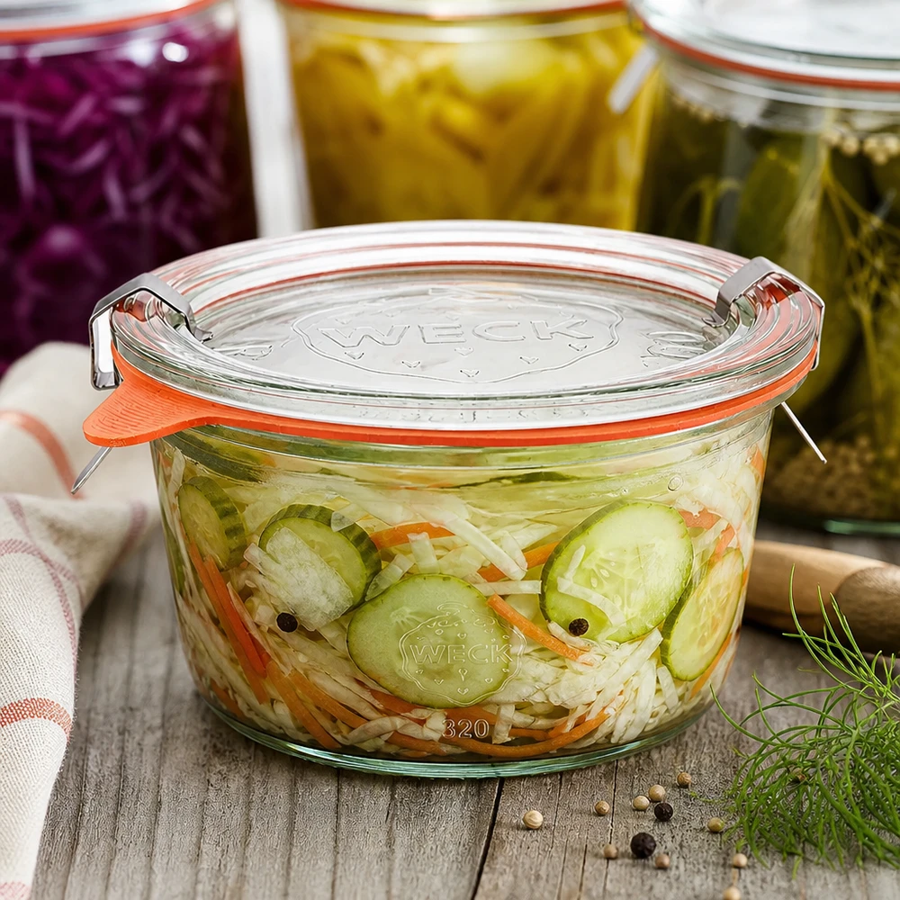 WECK Pot Gourmet 450ml RR120 avec légumes et cornichons marinés montre une conservation et un stockage parfaits