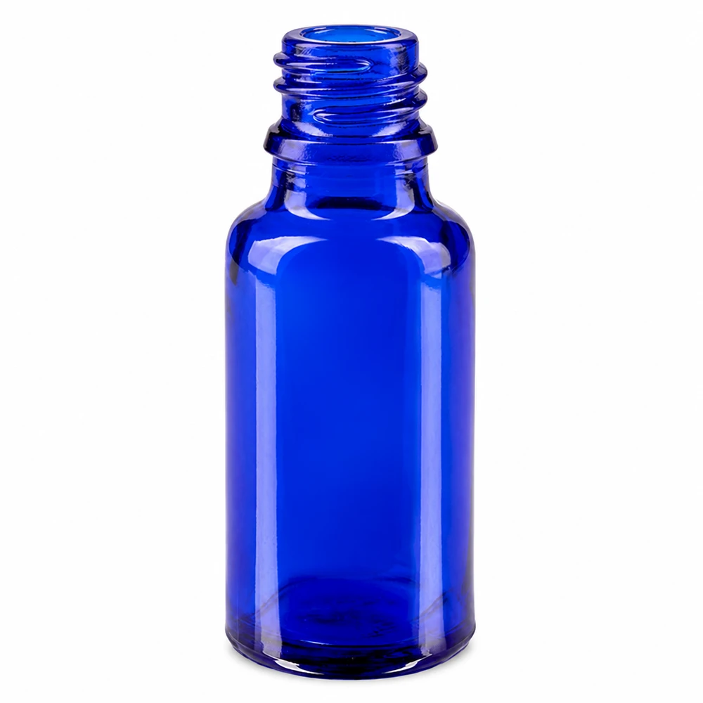 Flacon avec compte-gouttes 20 ml DIN18 - verre bleu Bouteille cylindrique en verre bleu de 20 ml avec col large pour un remplissage facile