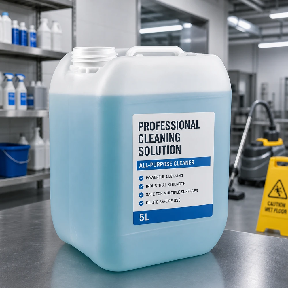 Bidon industriel de 5 litres sans bouchon, rempli d'une solution nettoyante multi-usage de couleur bleu clair