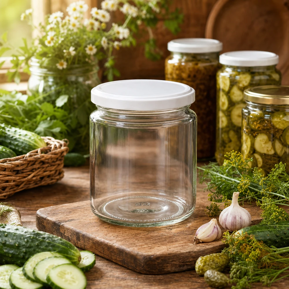 Pot de miel de 250ml vide avec couvercle blanc BasicSeal dans la cuisine rustique de mise en conserve entre les concombres, l'ail et l'aneth