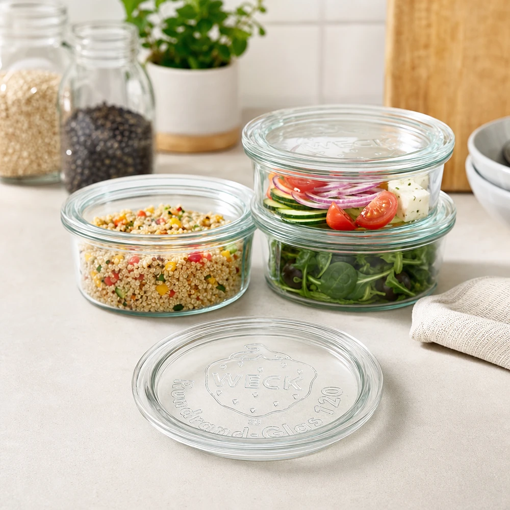 Couvercle en verre WECK RR120 WECK Glasdeckel RR120 in moderner Küche mit gefüllten Vorratsgläsern für Salat Quinoa und frische Zutaten