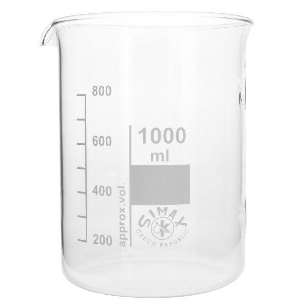 Bécher 1000ml en verre borosilicate résistant à la chaleur (forme basse) Gobelet transparent 1000ml avec graduation en millilitres bien visible jusqu'à 800ml