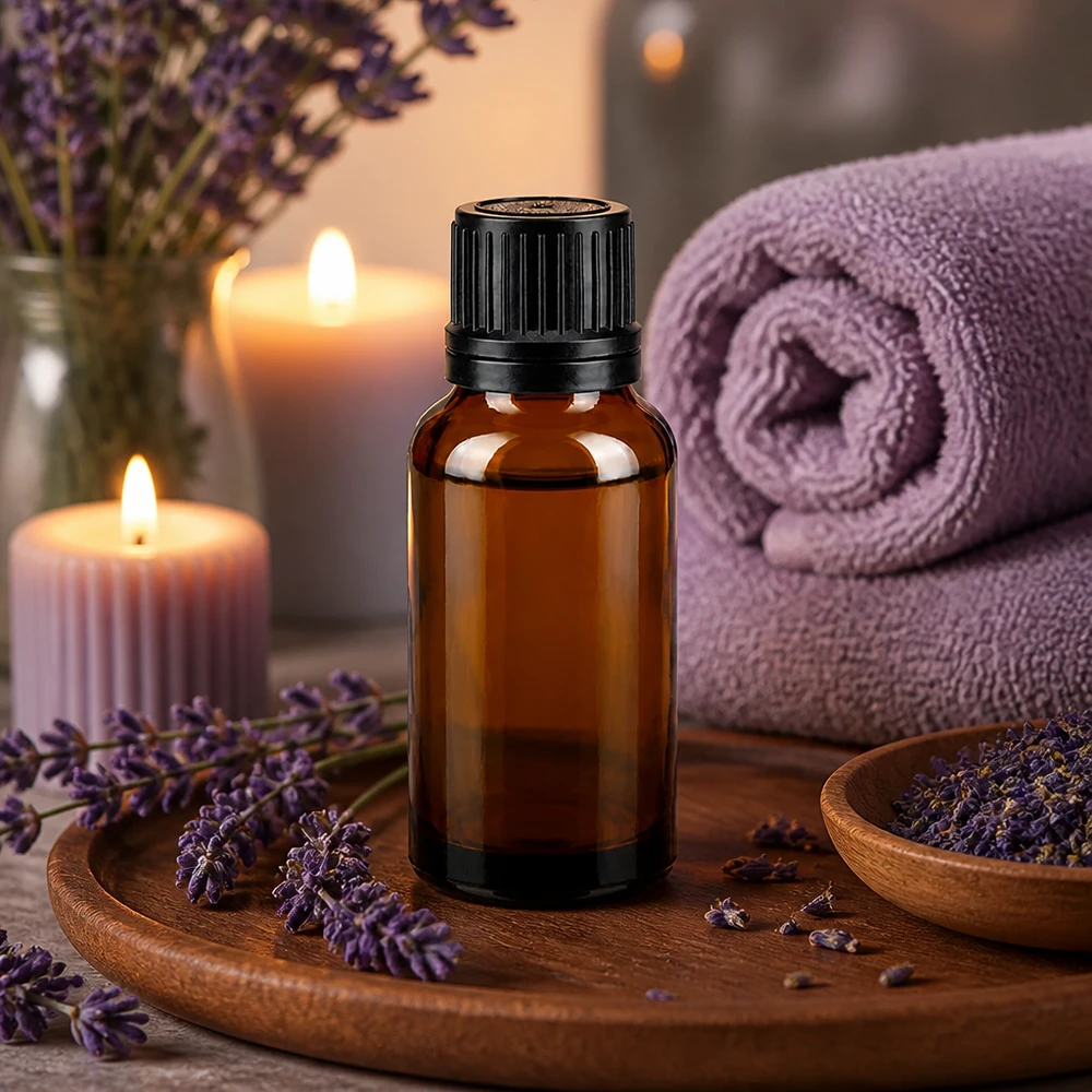 Flacon à usage pharmaceutique bleu 20ml bouchon d'inviolabilité noir 1mm Petit flacon compte-gouttes en verre d'apothicaire de 20 ml avec un goulot de 1 mm, présenté sur un plateau en bois parfumé à la lavande