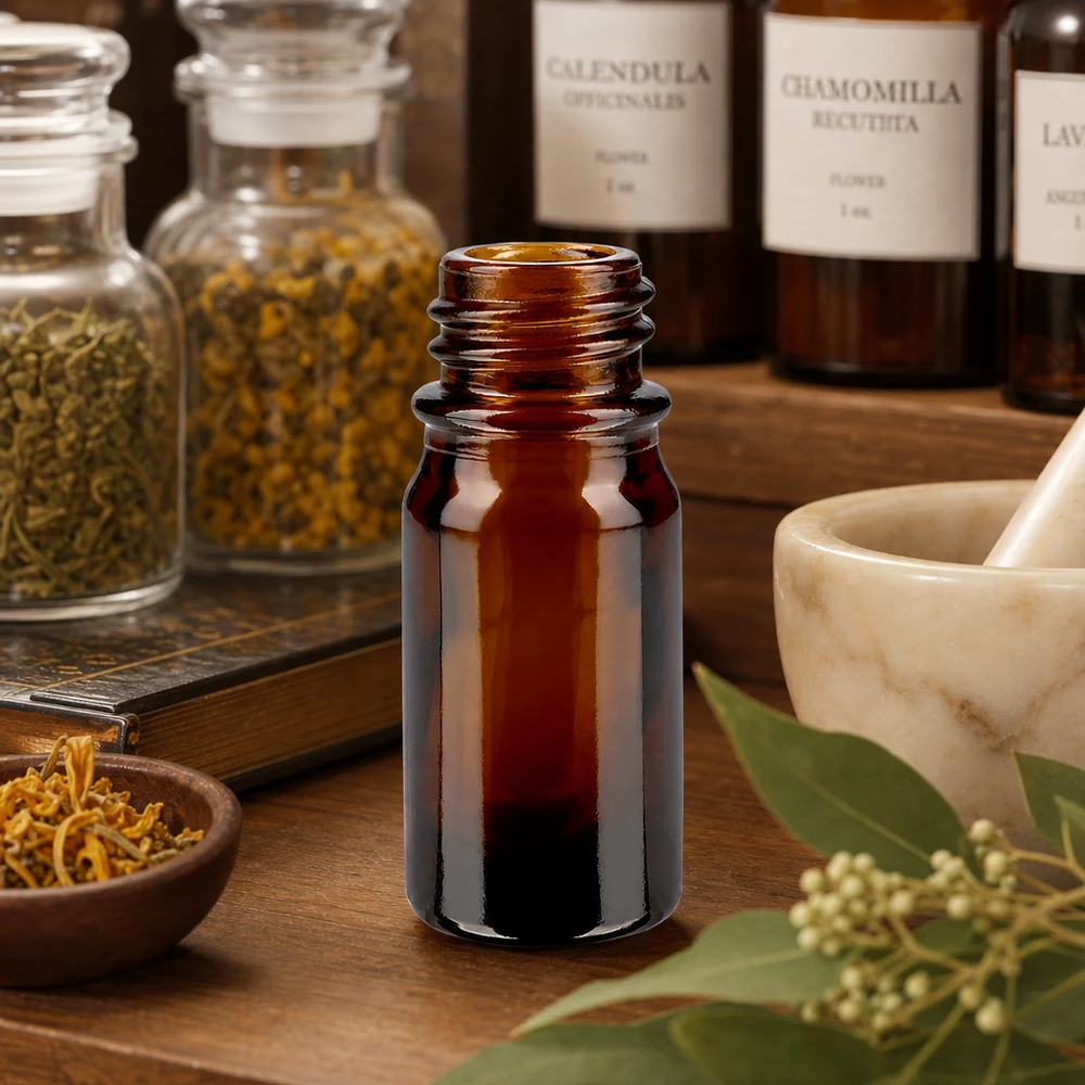 Flacon de médecine compte-gouttes 5ml brun DIN18 Bouteille de pharmacie brune de 5ml ApoGlas avec pots à herbes et mortier pour les remèdes naturels et les teintures
