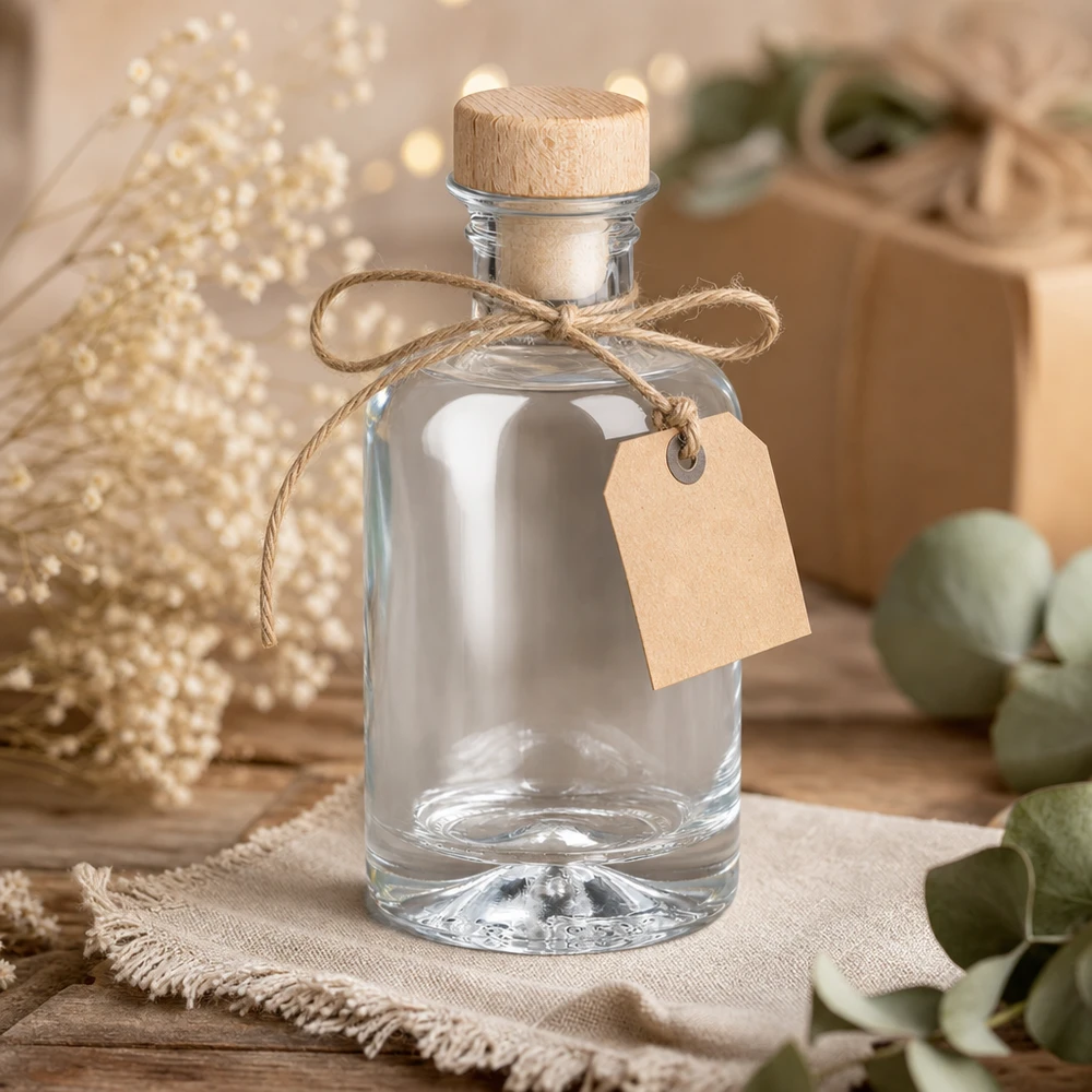Bouteille en verre 100ml Sofia avec bouchon en bois vide comme cadeau avec pendentif en papier kraft et ruban de jute décoration rustique
