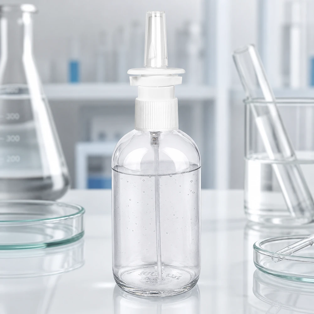 Flacon de spray nasal ClearLine de 100 ml dans un laboratoire équipé de fioles Erlenmeyer et de boîtes de Pétri