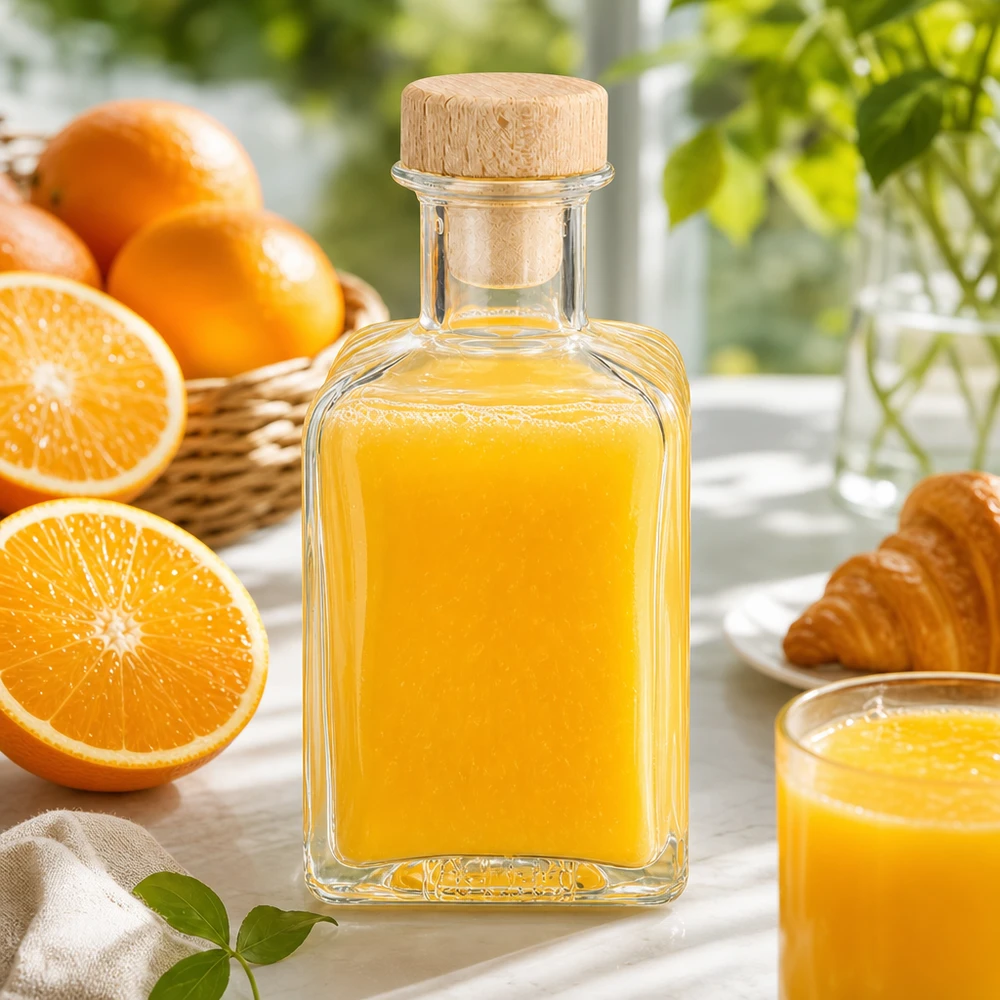 Flacon à pharmacie 200 ml « Clara » avec bouchon en bois UNiTWIST® 200ml Bouteille en verre Clara remplie de jus d'orange Bouchon en bois Décoration cuisine Oranges fraîches breakfast styling