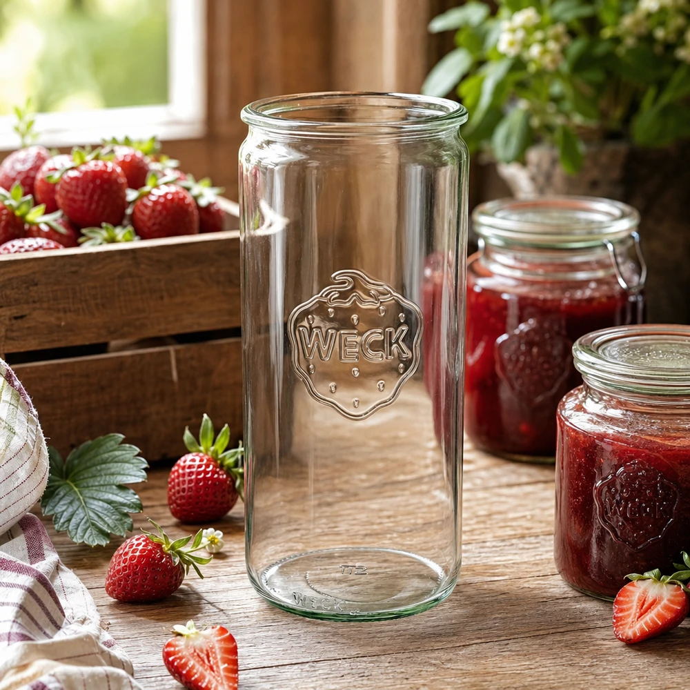 WECK 1040ml pot cylindrique RR80 dans la cuisine avec confiture de fraises et fraises fraîches arrangées de manière décorative