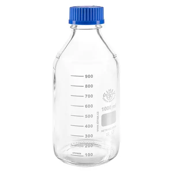 Bouteille à vis de laboratoire 1000 ml + bouchon bleu + bague Bouteille à vis de laboratoire 1000 ml + bouchon bleu + bague