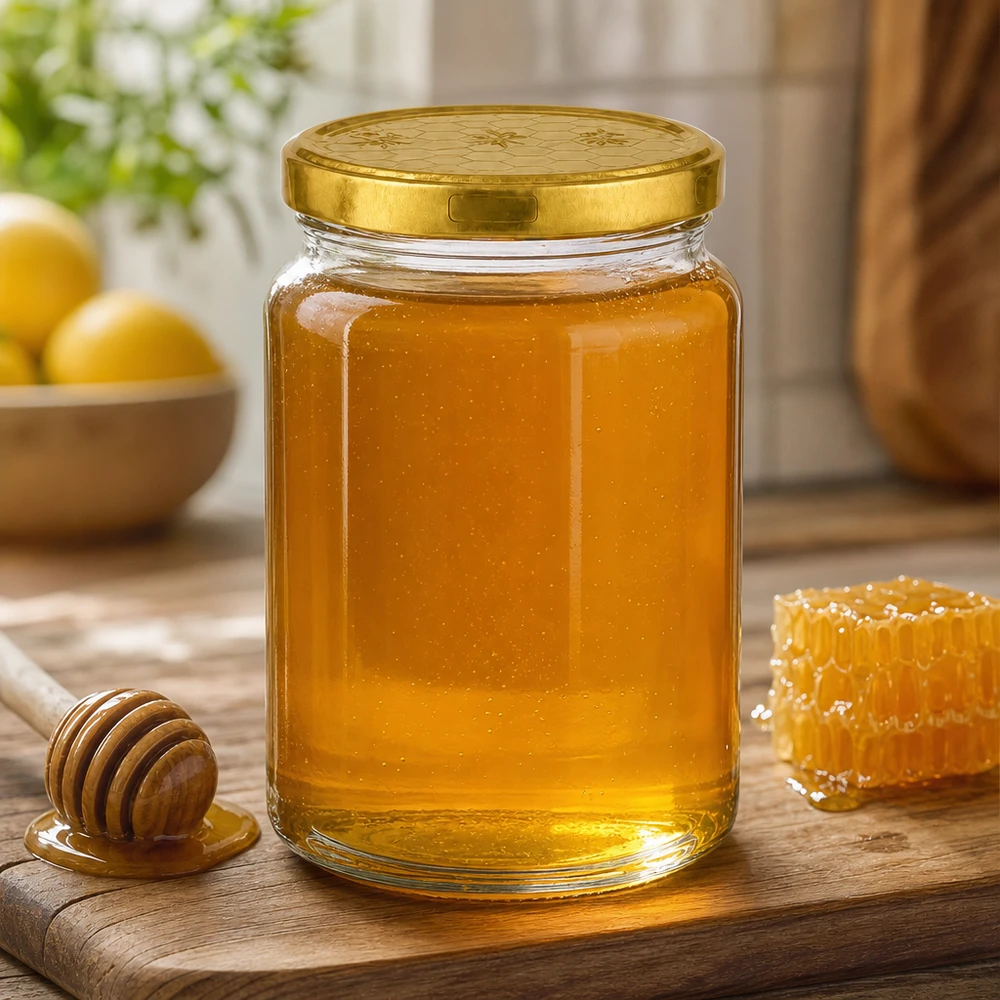 Pot rond de 795 ml rempli de miel à côté d'un nid d'abeille et d'une cuillère à miel sur une planche en bois dans une atmosphère chaleureuse de cuisine