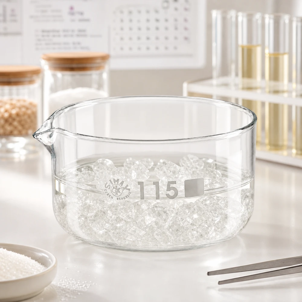 Coupelle de cristallisation 500 ml avec bec verseur Bol plat avec bec verseur, diamètre 115 mm, SIMAX République tchèque, 500 ml, avec cristaux transparents