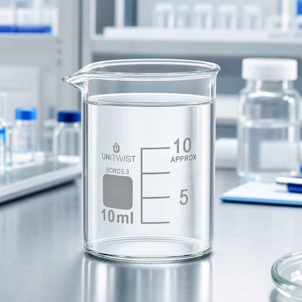 Bécher 10ml borosilicate, forme basse UNiTWIST Bécher résistant à la chaleur de 10 ml, de forme basse, en verre borosilicaté 3.3 résistant aux produits chimiques
