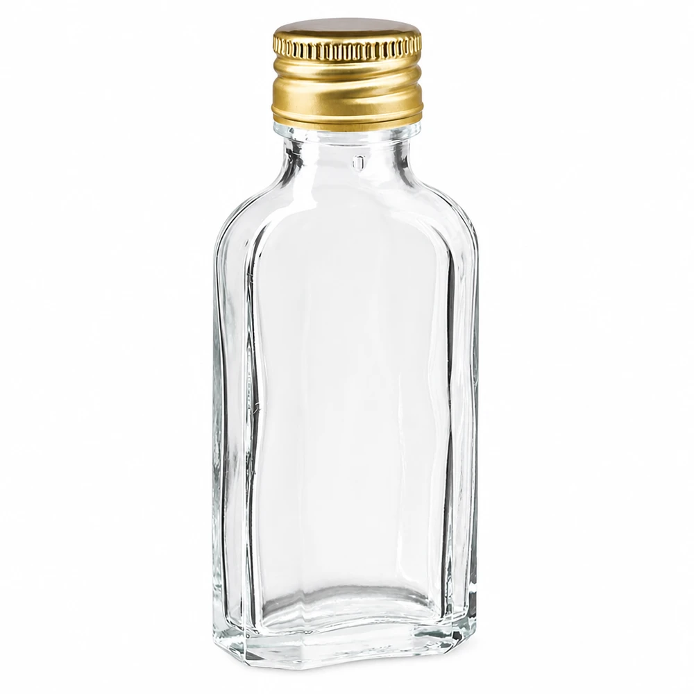 Petite bouteille en verre plate de 50 ml avec bouchon doré PP22, transparente et de grande qualité