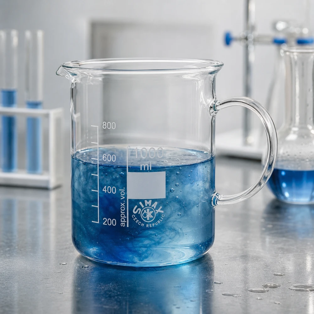 Bécher avec poignée 1000ml en verre borosilicate résistant à la chaleur (forme normale) Verre à bec de 1 000 ml en verre borosilicaté résistant à la chaleur, posé sur un plan de travail de laboratoire en acier inoxydable