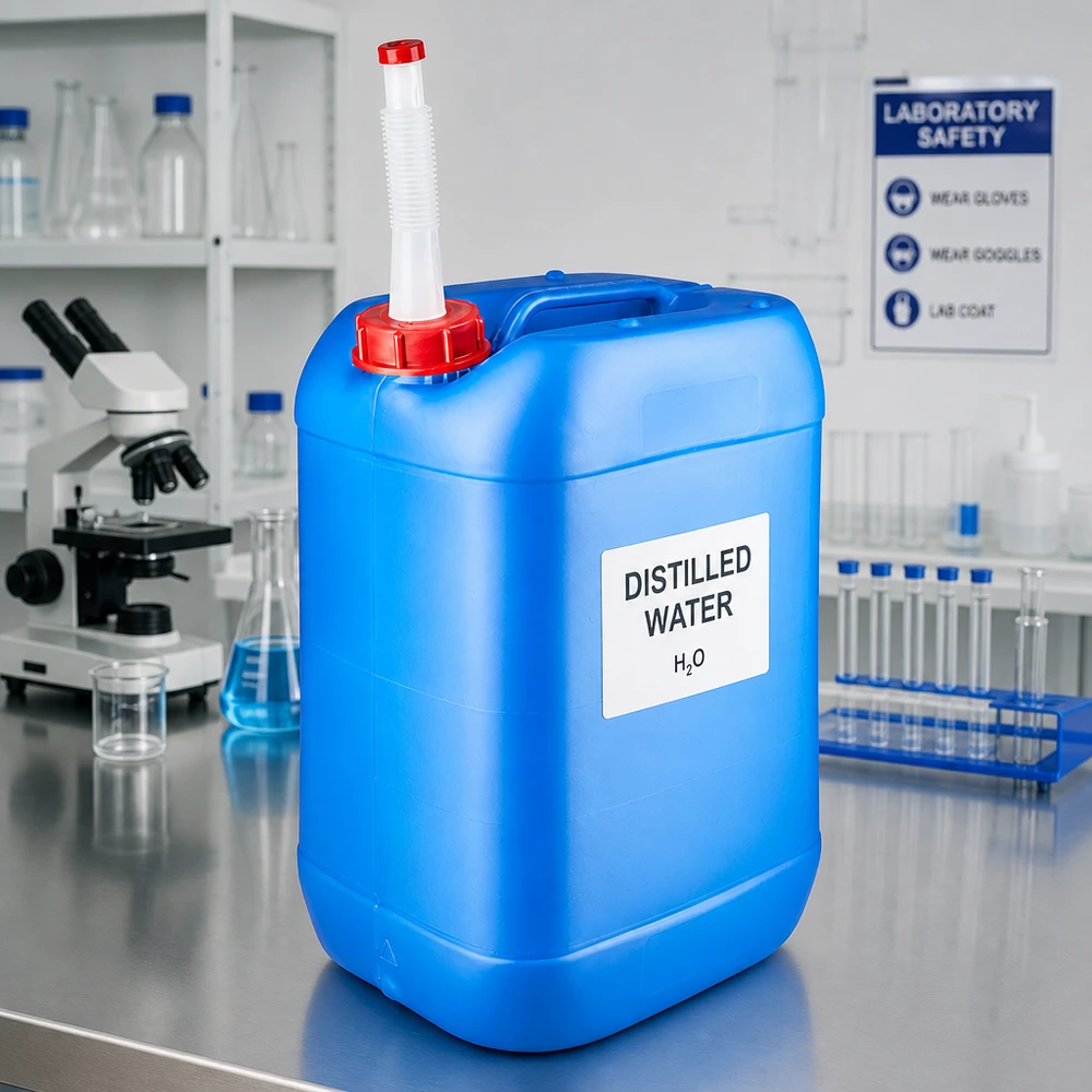 Bidon de 25 litres en plastique HDPE bleu, muni d'un bec verseur flexible blanc, posé sur une table en acier inoxydable