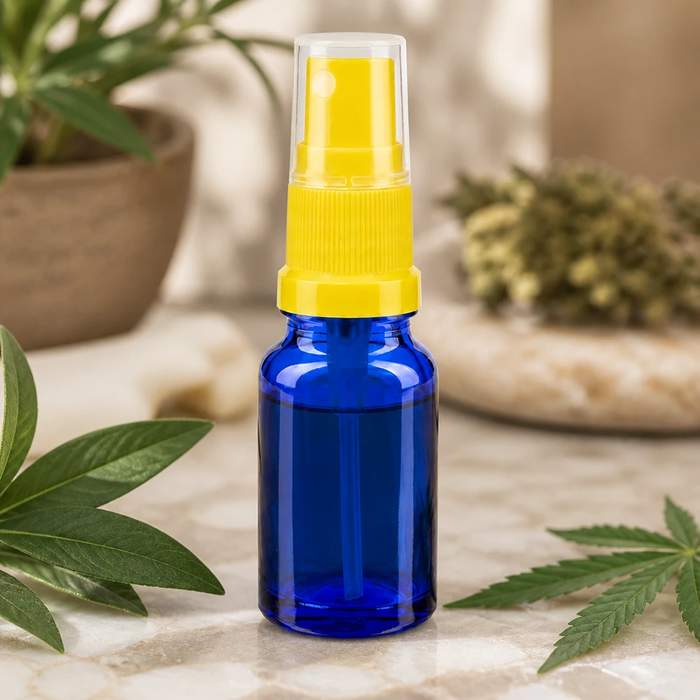 10ml Vaporisateur jaune/tr. STD BlueLine UT18/10 Elégant vaporisateur en verre bleu de 10ml avec protection UV et mécanisme de pompe jaune BlueLine UT18 10