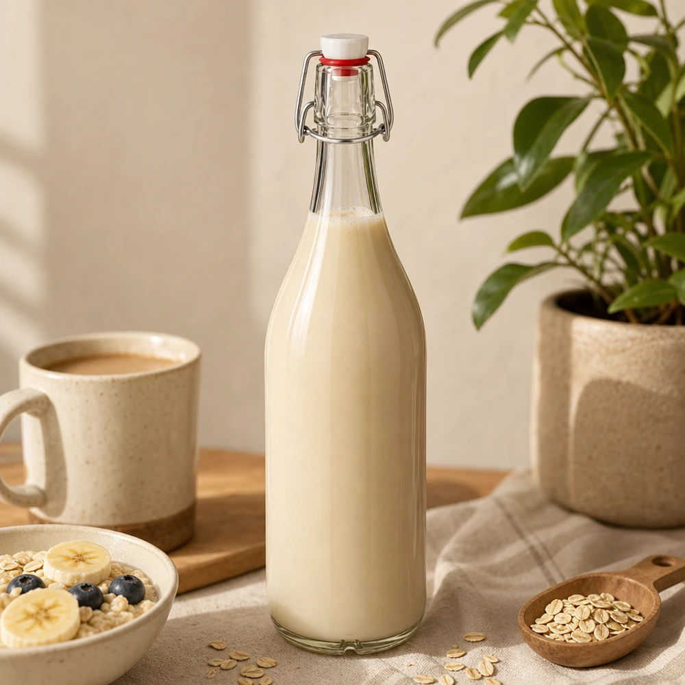 Bouteille en verre de 1000 ml avec bouchon à étrier remplie de lait d'avoine sur une table en bois à côté d'une tasse de café et de flocons d'avoine